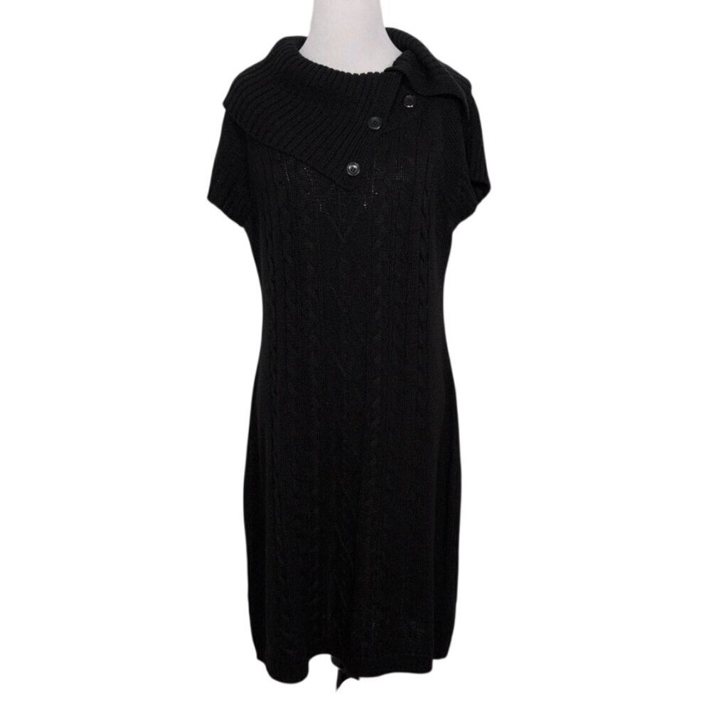 Calvin Klein Cable Knit Sweater Dress Womens Size Large Black Button Cowl Neck